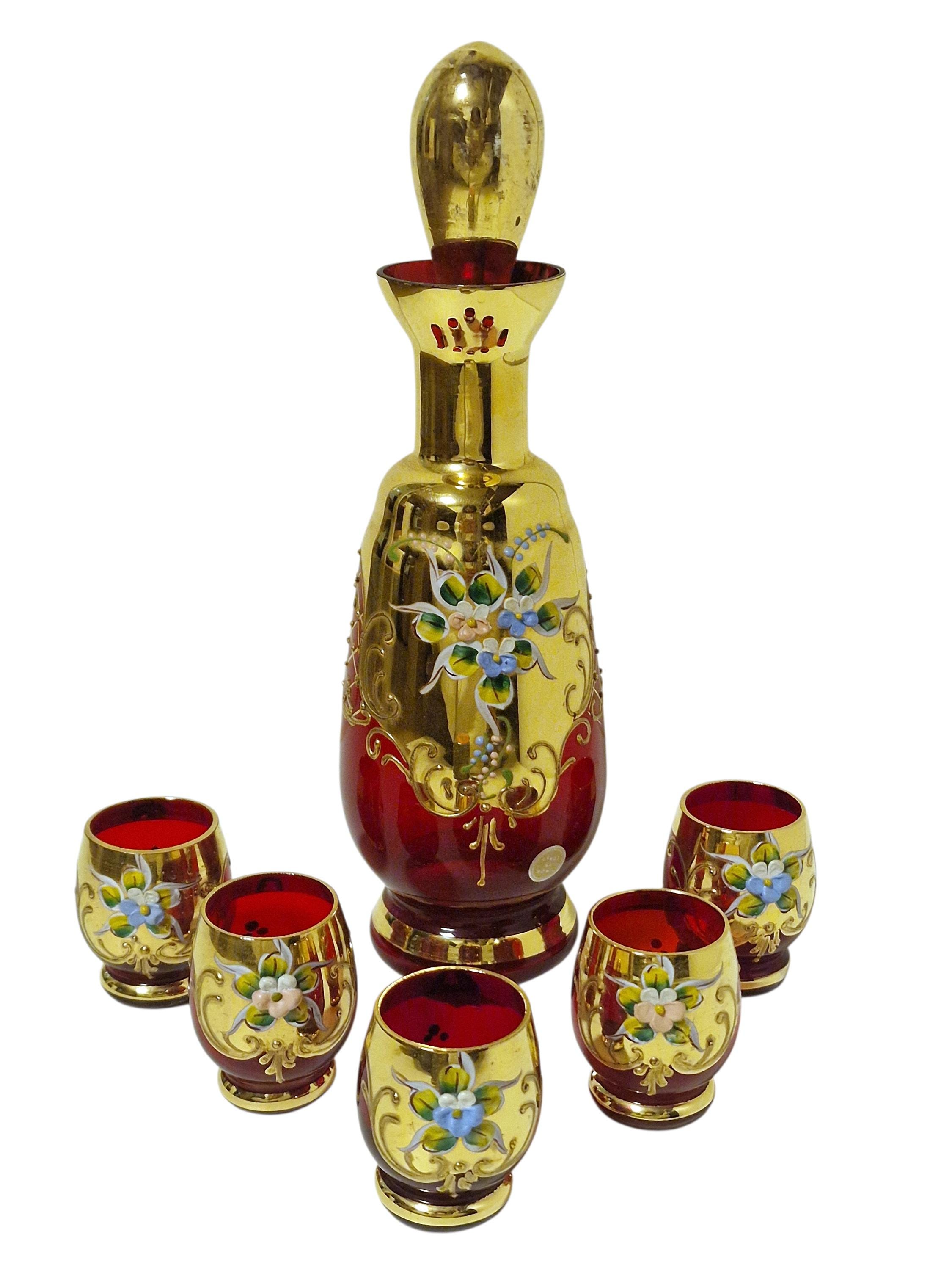 Hand Painted Ruby Red and Gold Venetian Murano Decanter Set - Etsy