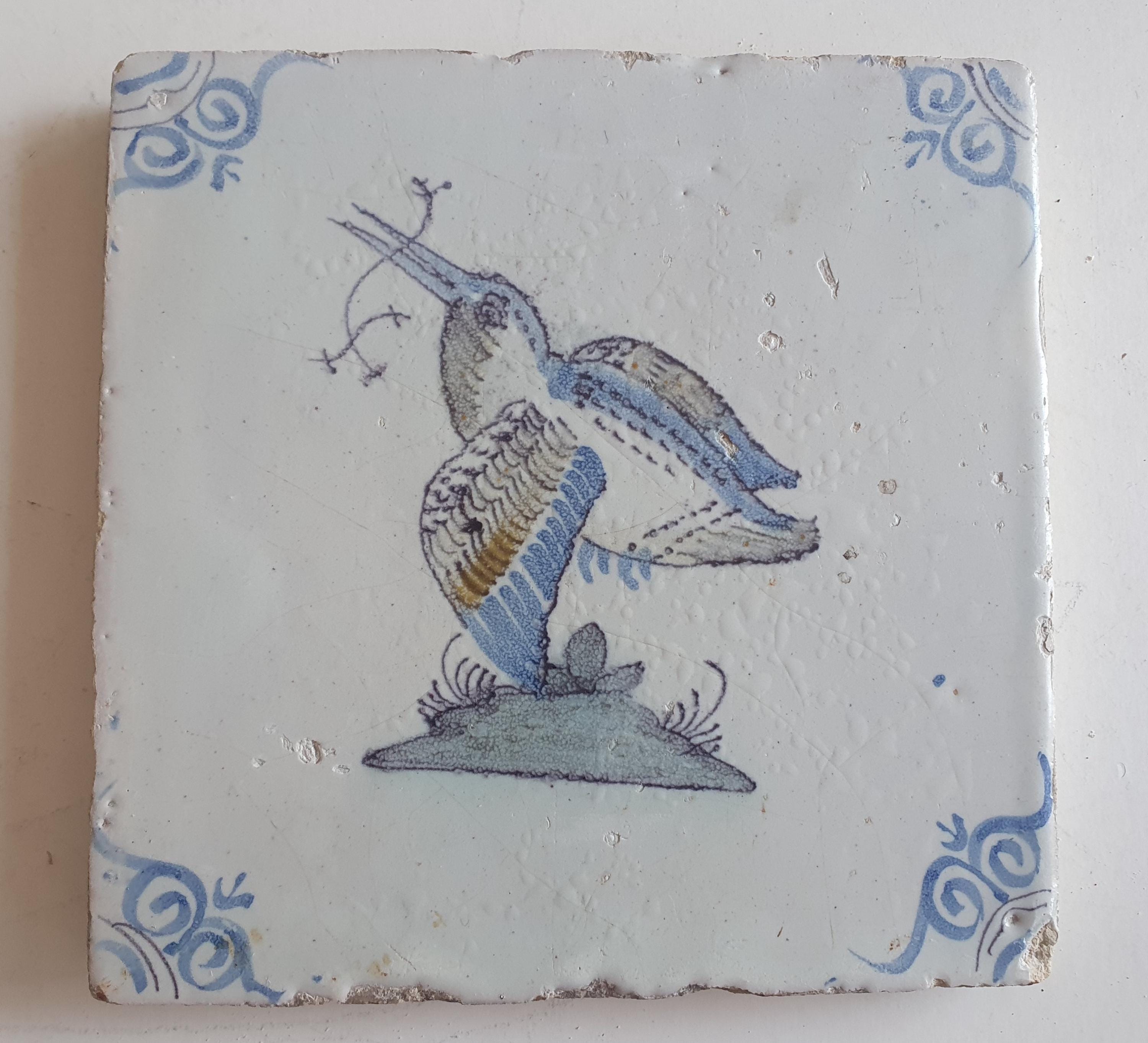 アンティークデルフトタイル、カワセミ、17世紀オランダマジョリカ