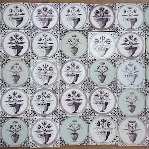 45x  19th Century Dutch Antique Manganese Floral Tiles for Backsplash, Fireplace, Table Inlay, Built-In Decoration, holland, brown purple