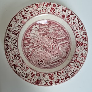 Szkocki antyczny talerz, Chinoiserie XIX wiek J & Amp MP Bell Transferware talerz AYAM JANTAN 1890, Glasgow, Szkocja talerz bordowy