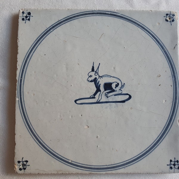 18th antique dutch delft circle tile 18th century hare blue delft tile hare TEGEL cirkeltegel