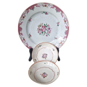 3 x miska i talerz antieke, kom / schaal, chinees 18e eeuw, chińska miska kwiaty 18. porcelana, eksport porcelany famille róża