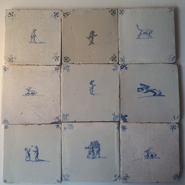 dutch tiles 17th antique Delft tiles tilefield field of tiles tegelveld inbouw, 9 x 13x13 cm tiles for  build-in, nb: photos lamplight