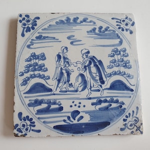 This antique Delft tile depicts the Biblical scene , antique dutch delft blue tile bible Amsterdam around 1780