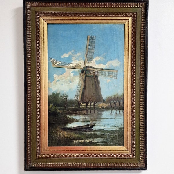 Dutch artist, Nederlandse schilder  olieverf op maroufle doek, ingelijst, 'hollandse molen in water landschap', midcentury holland