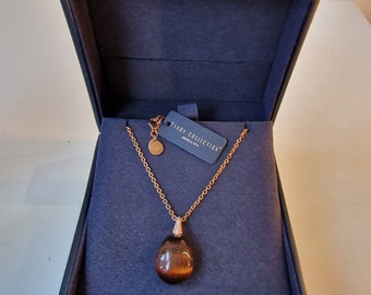 Tatiana Fabergé, boxed, coa, celestial stone Egg necklace w. pendant 925 sterling silver 24k rosegold mysterious italian brown and zircons