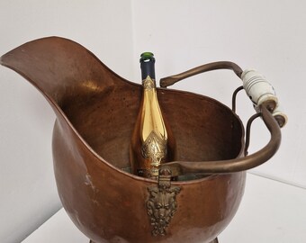 czerwona miedź antyczna Champagnekoeler, Hollandse luxe, cachepot ijs koeler wijnkoer wijn houder op voet en met leeuwenkoppen handvat, ca 1900