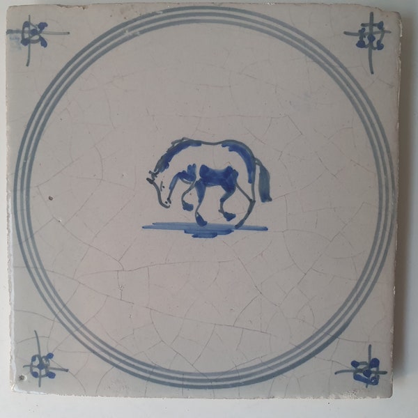 18th antique dutch delft circle tile 18th century hare blue delft tile horse TEGEL cirkeltegel