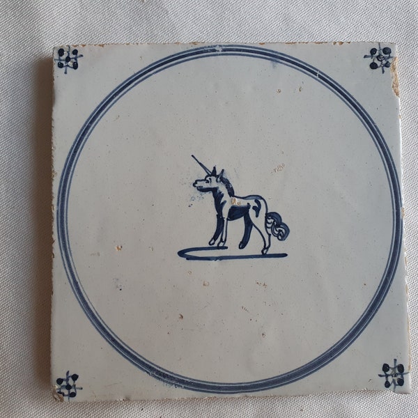 18th antique dutch delft circle tile 18th century hare blue delft tile unicorn TEGEL cirkeltegel