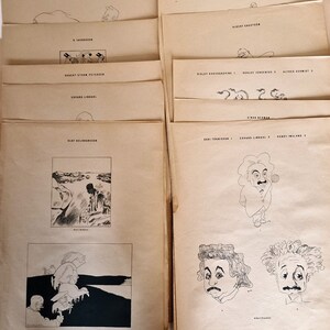 May include: A collection of vintage paper sheets featuring black and white illustrations and caricatures. The drawings include portraits and scenes, with text labels at the top of each sheet. The paper has a yellowed, aged appearance.