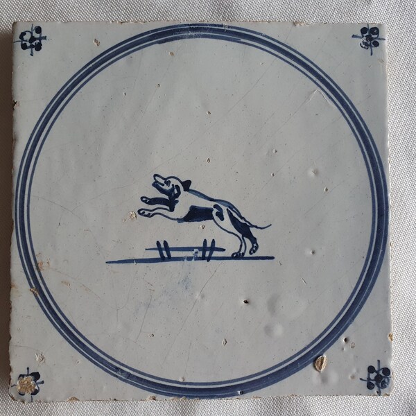 18th antique dutch delft circle tile 18th century hare blue delft tile dog TEGEL cirkeltegel