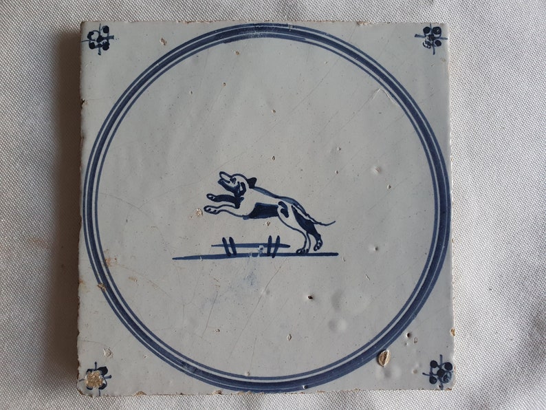 18th antique dutch delft circle tile 18th century hare blue delft tile dog TEGEL cirkeltegel image 1