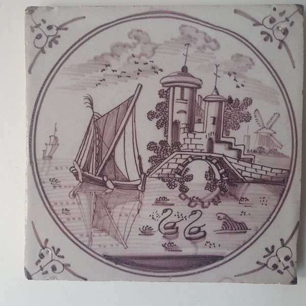 18th century Antique Dutch Tile - manganese landscape tegel