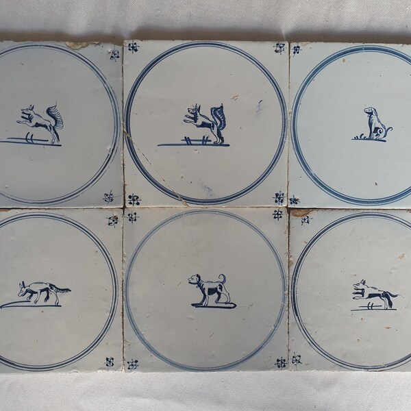 6 x Field of antique Dutch tiles with fox, dog and hare 18th antique dutch delft blue circle tile 18th century springer circle tiles