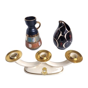 3 x midcentury german objects, 2 porcelain vases plus 1 kandelaar, midcentury Plateel, handpainted, germany , perfect condition