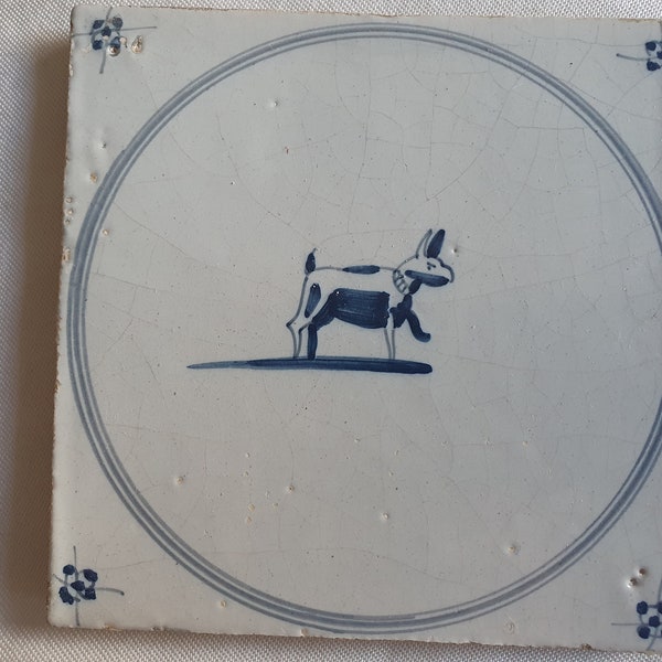 18th antique dutch delft circle tile 18th century hare blue delft tile dog TEGEL cirkeltegel