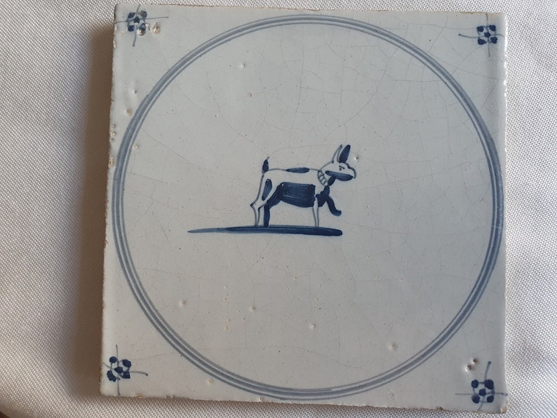 18th antique dutch delft circle tile 18th century hare blue delft tile dog TEGEL cirkeltegel image 1