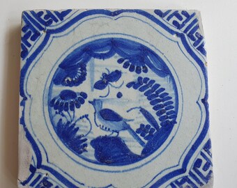 17世紀のアンティークオランダデルフトブルータイル - 蛇行模様の中国