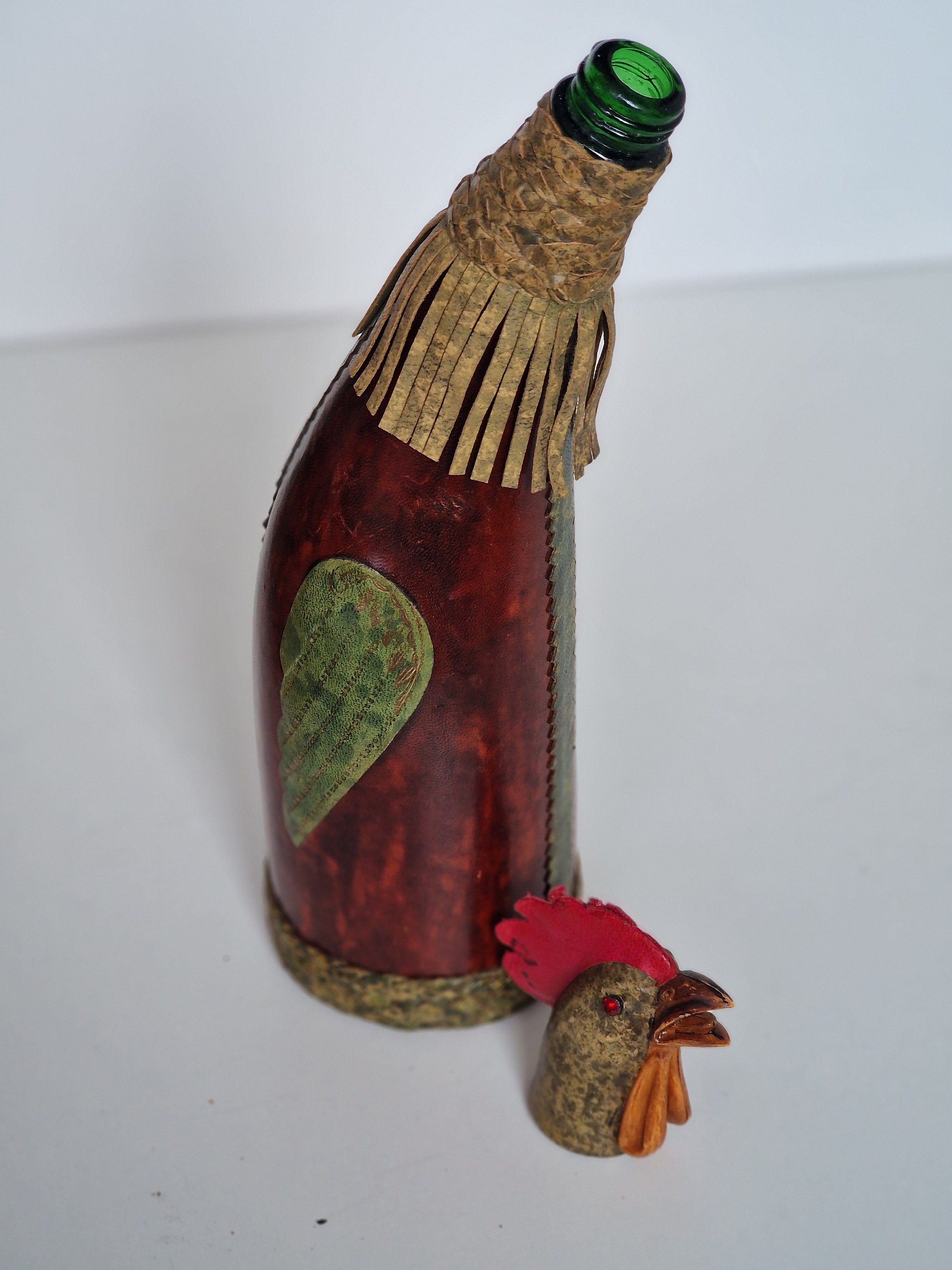 1960\'s Flask Leather Vintage Style Modern Decanter ROOSTER - Italian Bottle Wrapped Animal Caraffe Etsy Gold Mid-century Wine Karaf Omersa Karaf