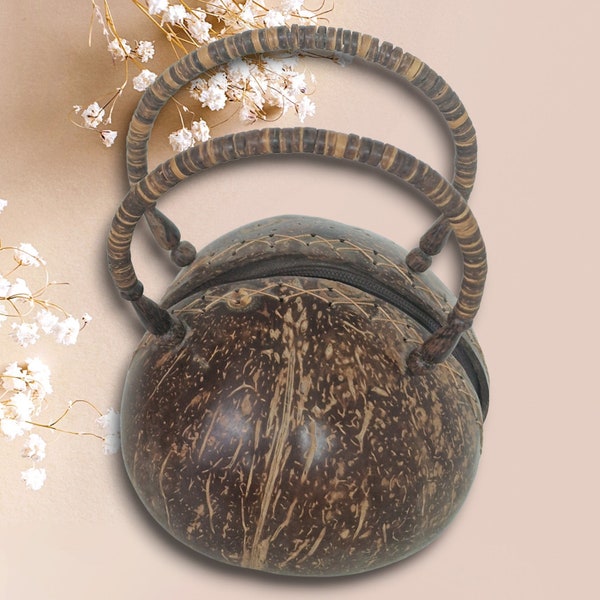 Vintage Coconut shell handbag made from real coconut designer exotic fashion handtas bag coco de mer design zipp padded