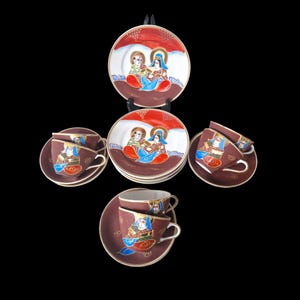 6p handpainted porcelain service tea chinese geisha vintage porcelain 6 cup and saucer and 6 cake plates