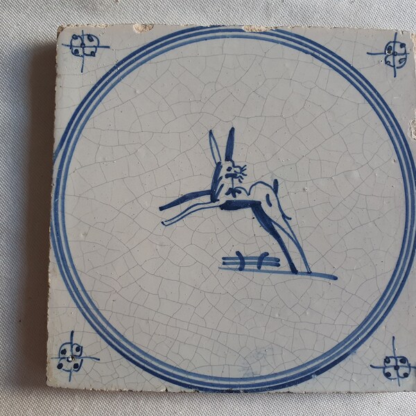 18th antique dutch delft circle tile 18th century hare blue delft tile haas TEGEL cirkeltegel