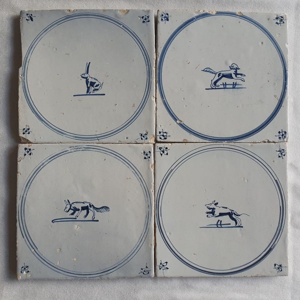 4 x Field of antique Dutch tiles with fox, dog and hare 18th antique dutch delft blue circle tile 18th century springer circle tiles