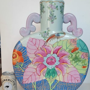 XXL! Large Chinese Famille Rose Moon Flask Vase with Peacock and Lotus, Hand-Painted Porcelain Chinoiserie Vintage Oriental Decor late 20th