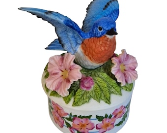 Para Elise, Beethoven, caixa de música, pássaro azul, porcelana de biscoito, com papéis de côco, Lynette Schmidt para Ardleigh Eliott