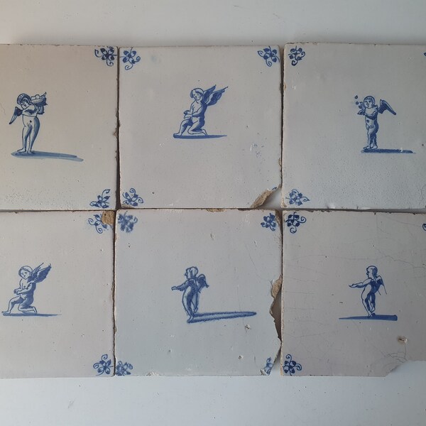 6 x dutch 17th  antique Delft Cupido,s