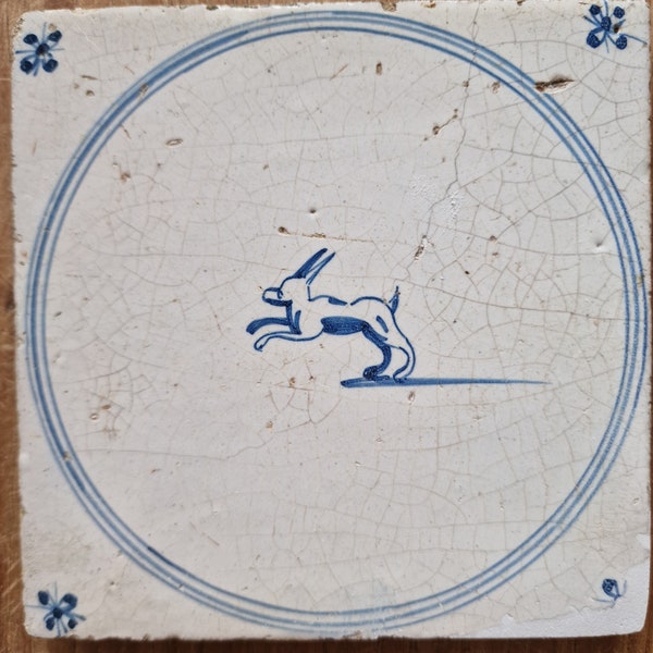 18th antique dutch delft circle tile 18th century hare blue delft tile haas TEGEL cirkeltegel