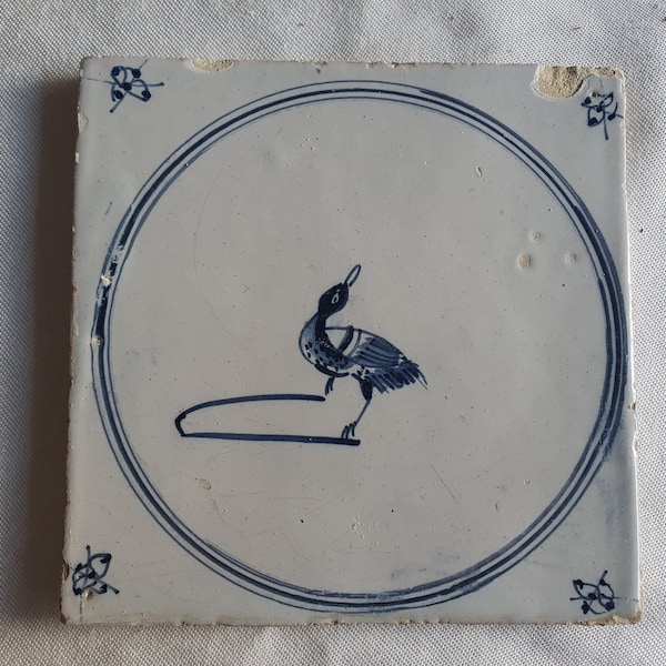 18th antique dutch delft circle tile 18th century hare blue delft tile bird rare TEGEL cirkeltegel