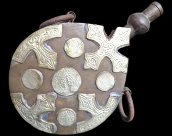 Antique engraved Silver Tone and Bronze Gunpowder Flask- 20th century, islamic