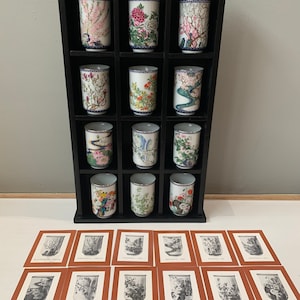 porcelain Japanese Teacups in cabinet, Kinuko Yamabe X TFM, with 24K carat finish, in case, limited retired edition. 1981, luxe tea ritual