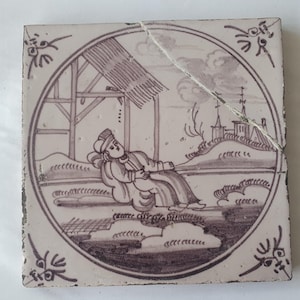 This antique Delft tile depicts the Biblical scene , antique dutch delft mangane tile bible  around 1780