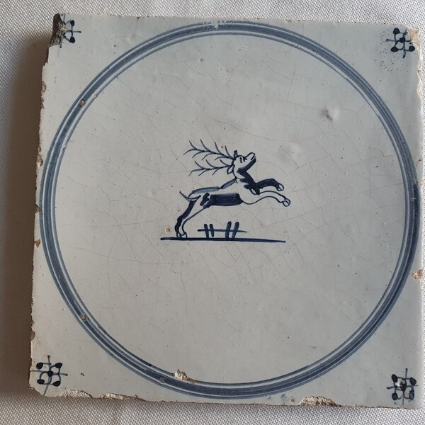 18th antique dutch delft circle tile 18th century hare blue delft tile deer TEGEL cirkeltegel