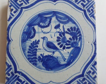 17世紀のアンティークオランダデルフトブルータイル - 蛇行模様の中国