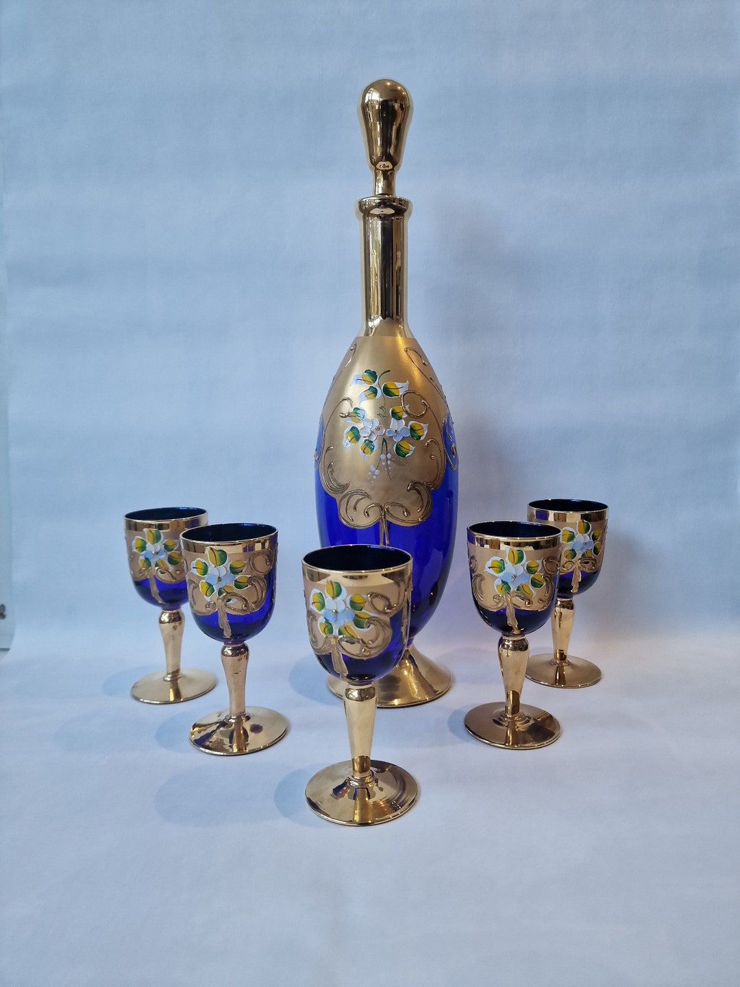 Murano Decanter & Port Sherry Glasses Set, 24K Gold Cobalt Blue - Etsy