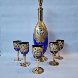 murano Venetian Tre Fuochi 24K Gold cobalt blue mouthblown love potion Decanter & 5 port sherry Glasses Italy handpainted complete likeurset