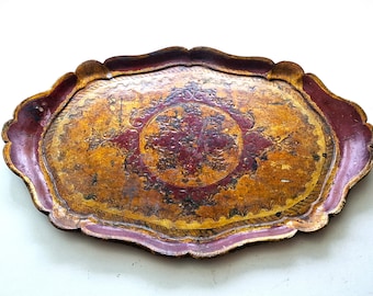 Large Vintage Italian Florentine oval Tray in Gold and red, Wood, 1960s Firenze, handmade