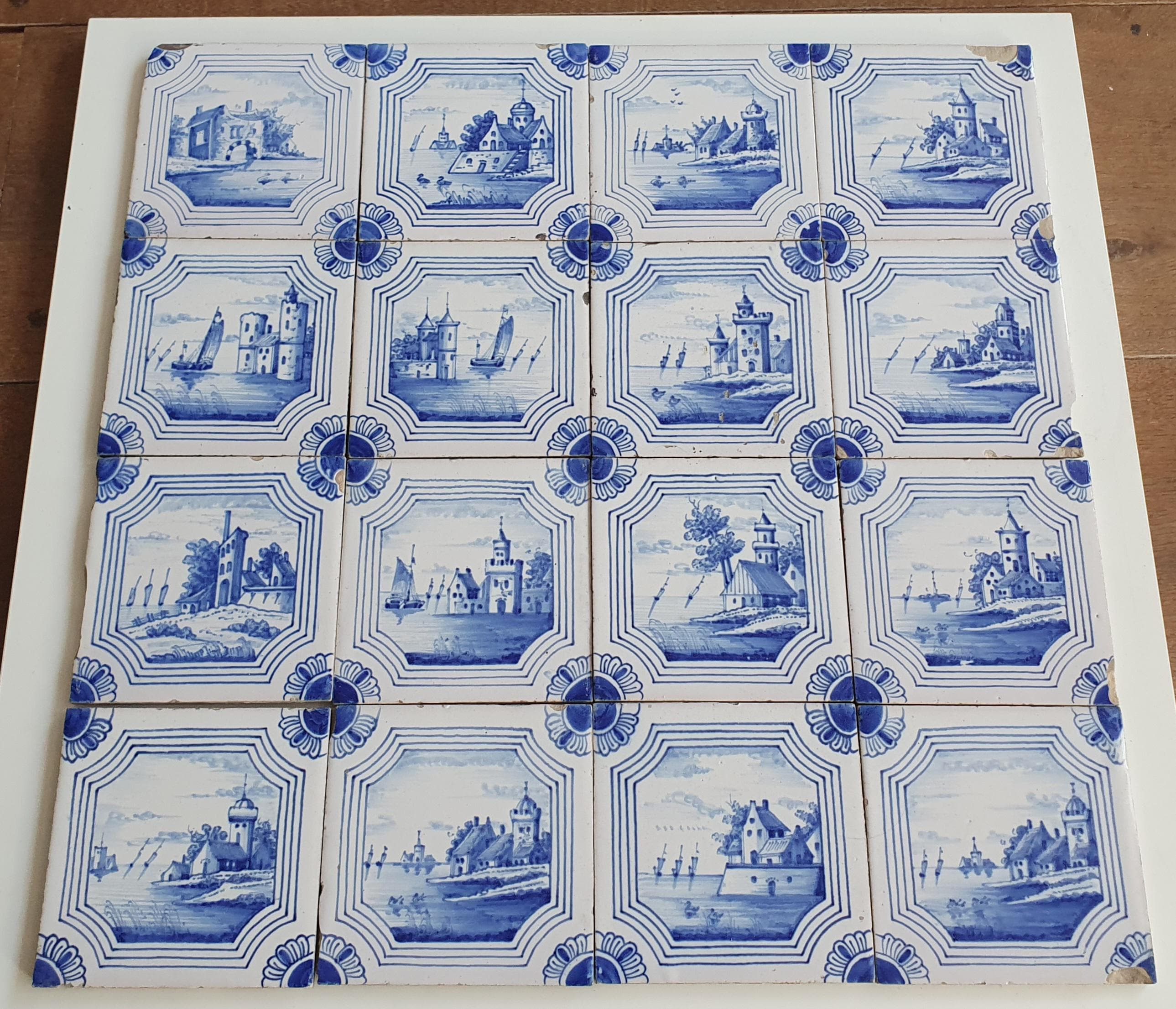 オランダ　デルフトタイル　アンティークタイル アンティークデルフトブルータイルセット、19世紀オランダタイル