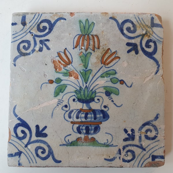 Dutch  polychrome flowerpot antique tile 17th century - delft holland ornament tile 1600- 1640 Imperial crown flowervase