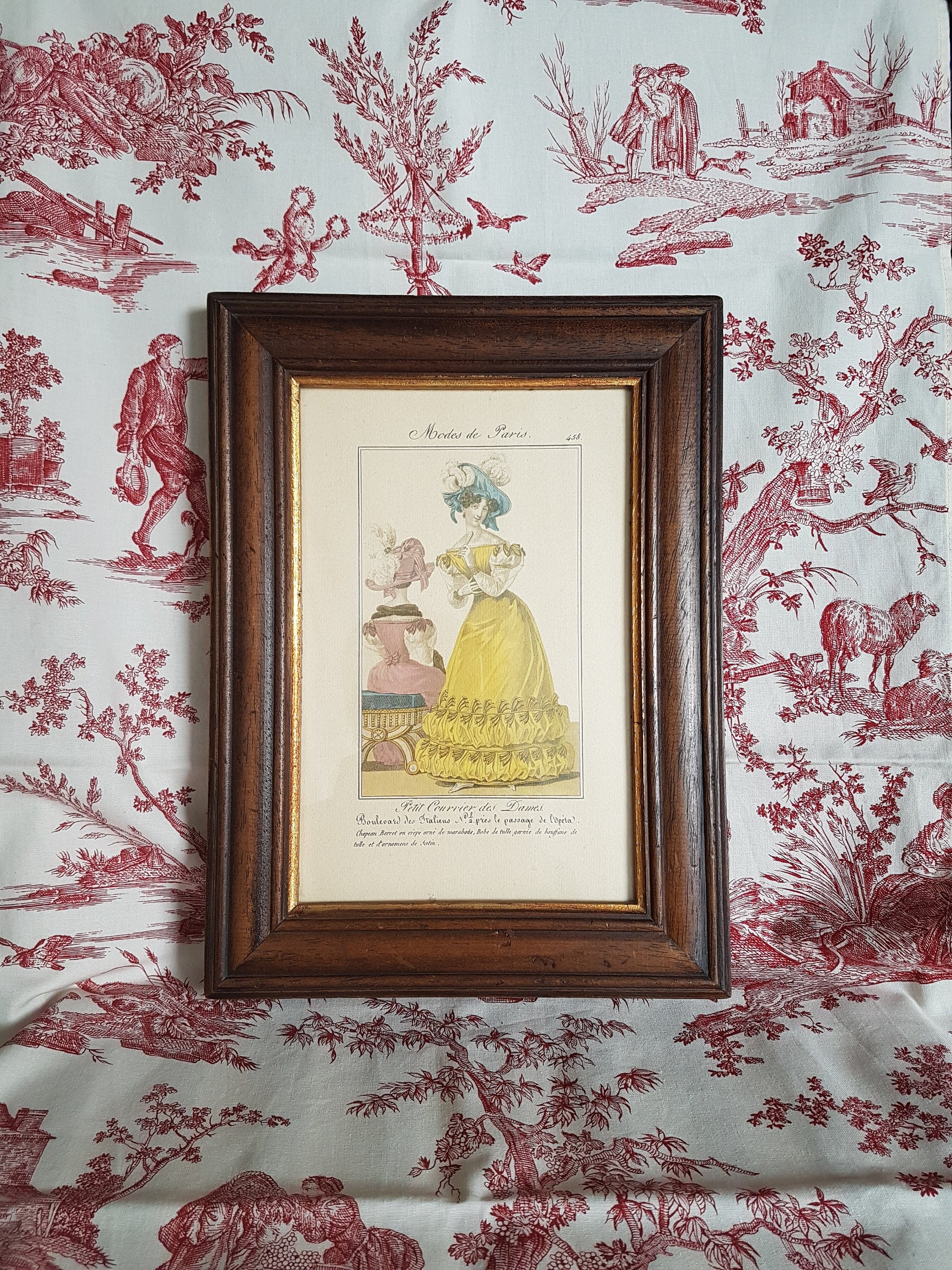 Ancienne Gravure Des Modes de Paris Xixème Siècle Encadrée Robe Jaune/Old Engraving Of The Fashions 