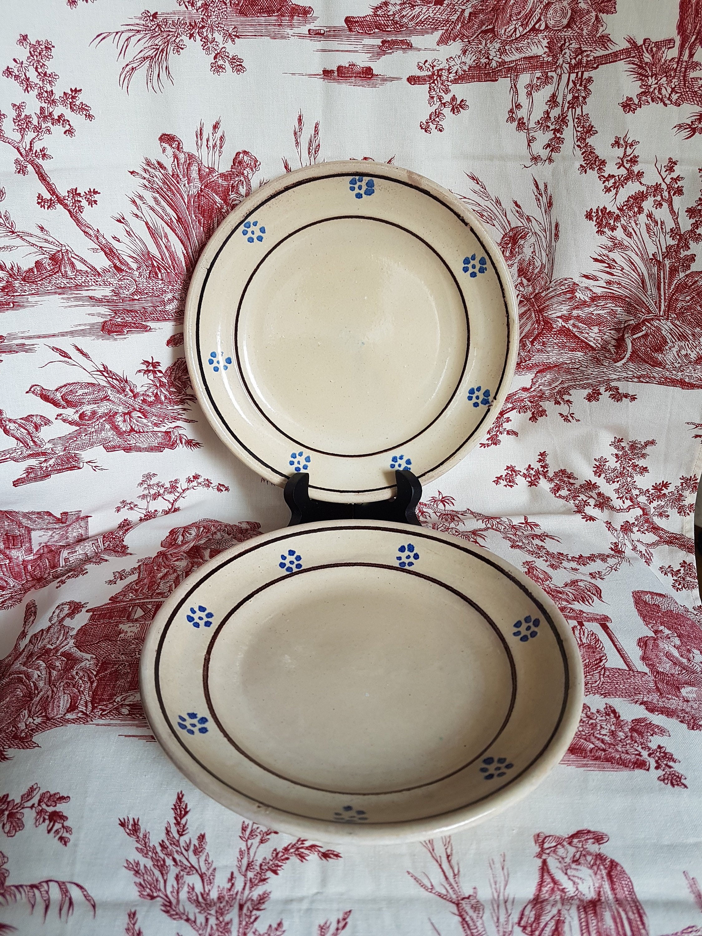 Set Of Two Small Vintage Ceramic Plates, Blue Flowers Decor./Ensemble de Deux Petites Assiettes en C