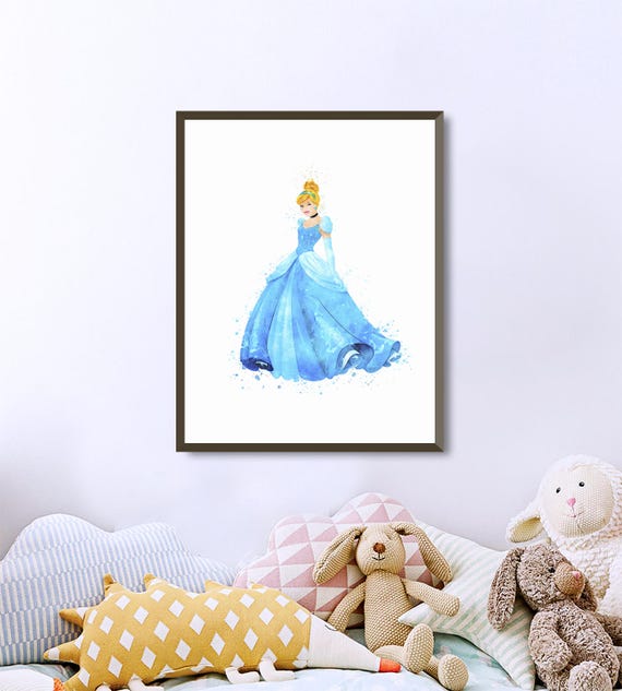 Cinderella In Blue Prom Dress Disney Princess Watercolor Wall Etsy