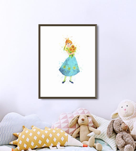 Anna Frozen Disney Princess Watercolor Wall Art Printable Nursery Gifts Bedroom Decor Baby Kids Room Art Poster Sunflower Dress