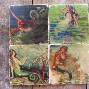 Set of 4 Mermaid Coasters, Mermaid Coasters, Coffee Table decor, Stone Coasters, Beach house decor. hostess gifts, dad gift, Birthday gift