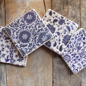 Delft Blue Coasters.  Blue rustic Floral Coasters. Chinoiserie Coaster Set. Shabby Chic Mothers gift. Flower gift. Blue Toile Coaster set.