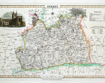 Antique Map SURREY & LONDON James Pigot Original Hand Coloured  County Map c1830