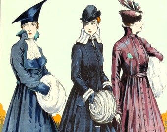 ANTIQUE FASHION PRINT  Ladies Silk Frock Coats Art Nouveau Old Vintage Pochoir 1915